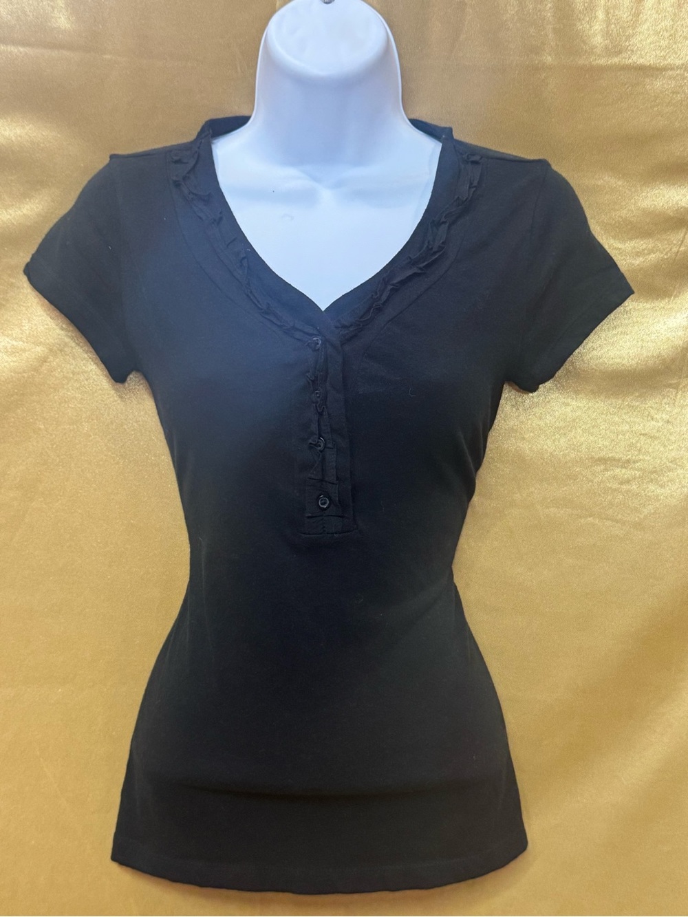 Merona Black Ruffle V-Neck Henley Blouse - Size XS (100% Cotton)